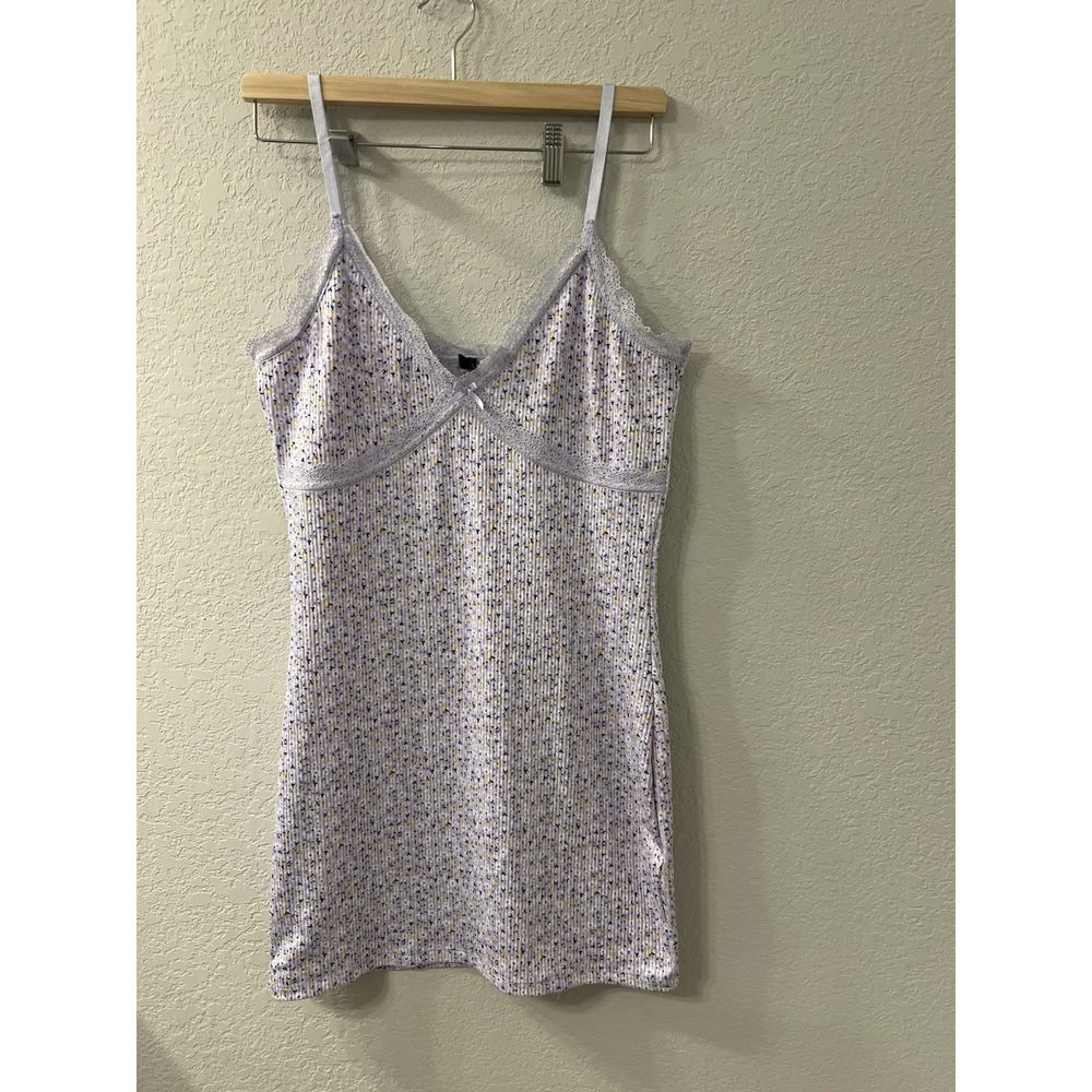 H&M Lavender Floral Ribbed Lace Trim Mini Slip Dress M Babydoll